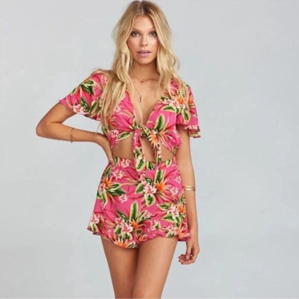 Show Me Your Mumu Riviera Cut Out Romper Womens XS Pink Floral Tropical Coquette